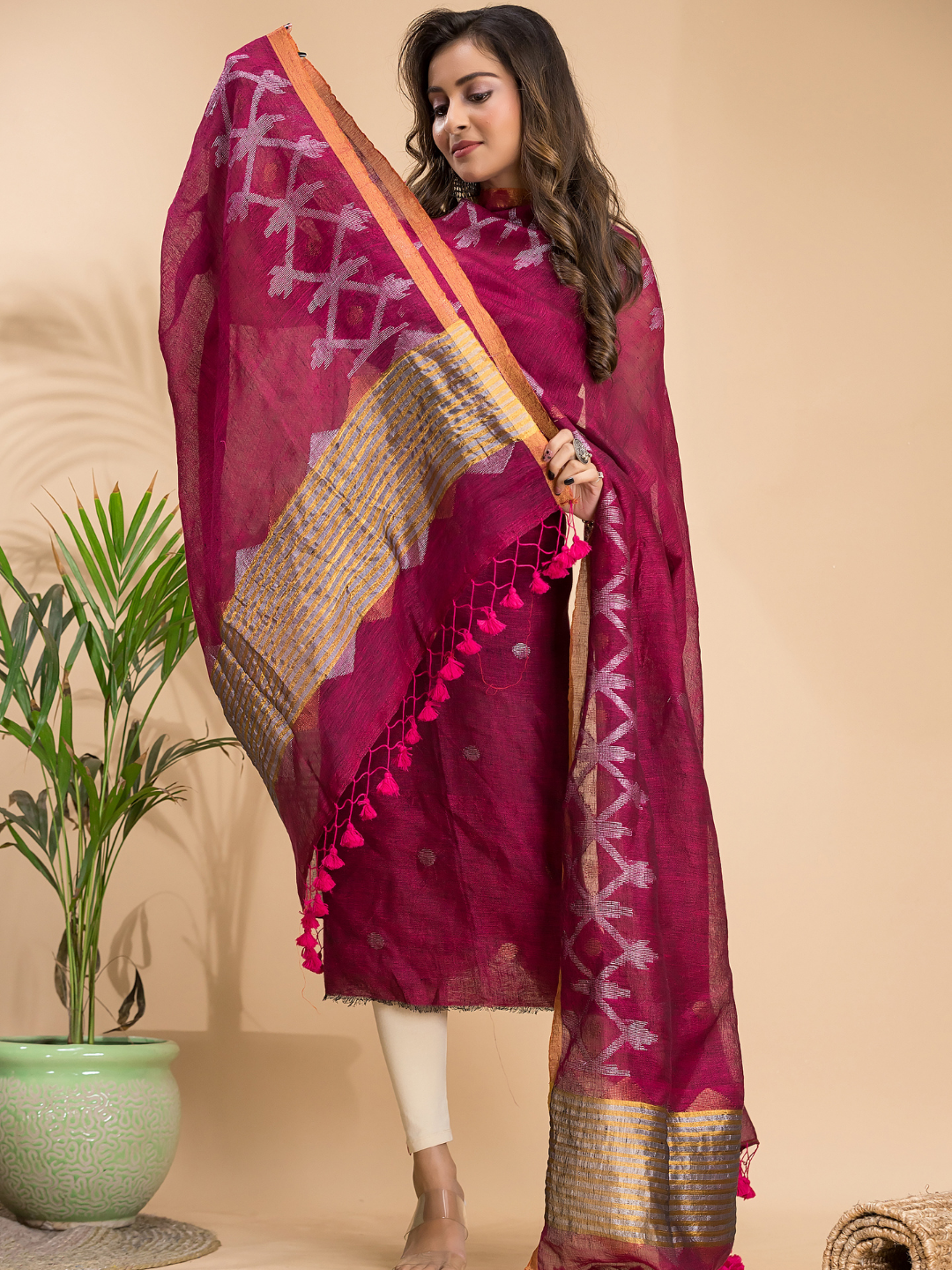 Cherry Red Linen X Line 2-Piece Set Kurti & Dupatta (UNSTITCHED) - 102