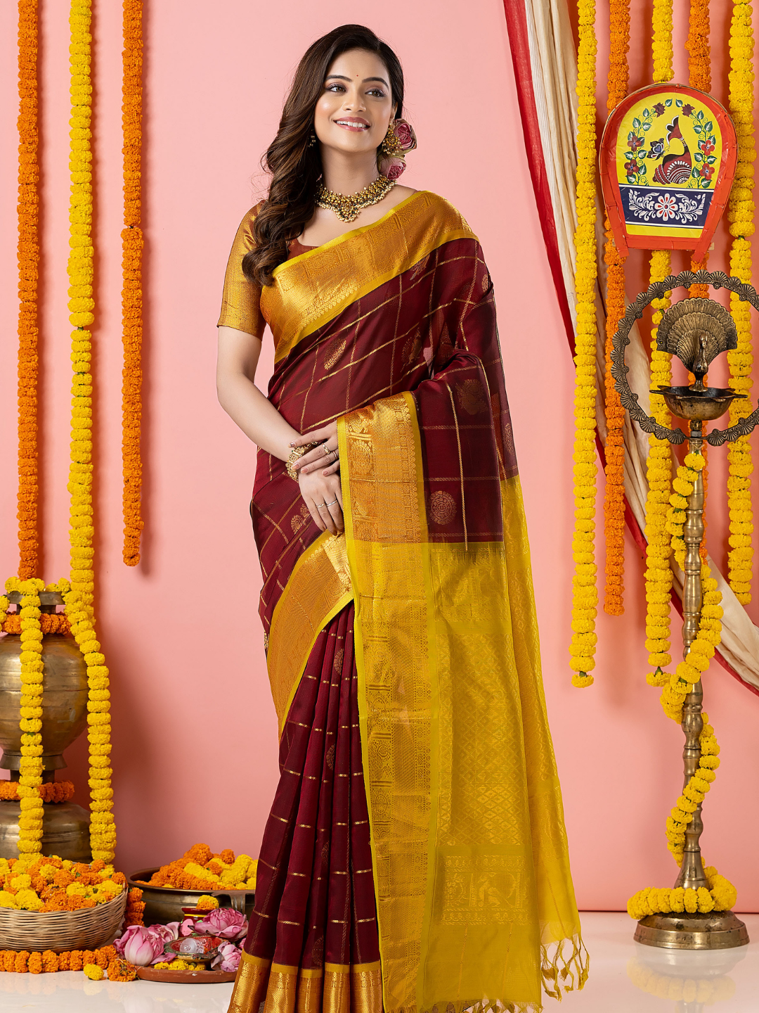 Handloom Korvai Silk Cotton Saree | Deep Maroon