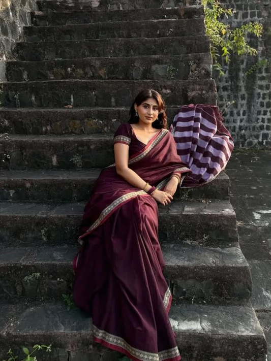 Handloom Narayanpet Cotton Saree | Deep Wine Plum