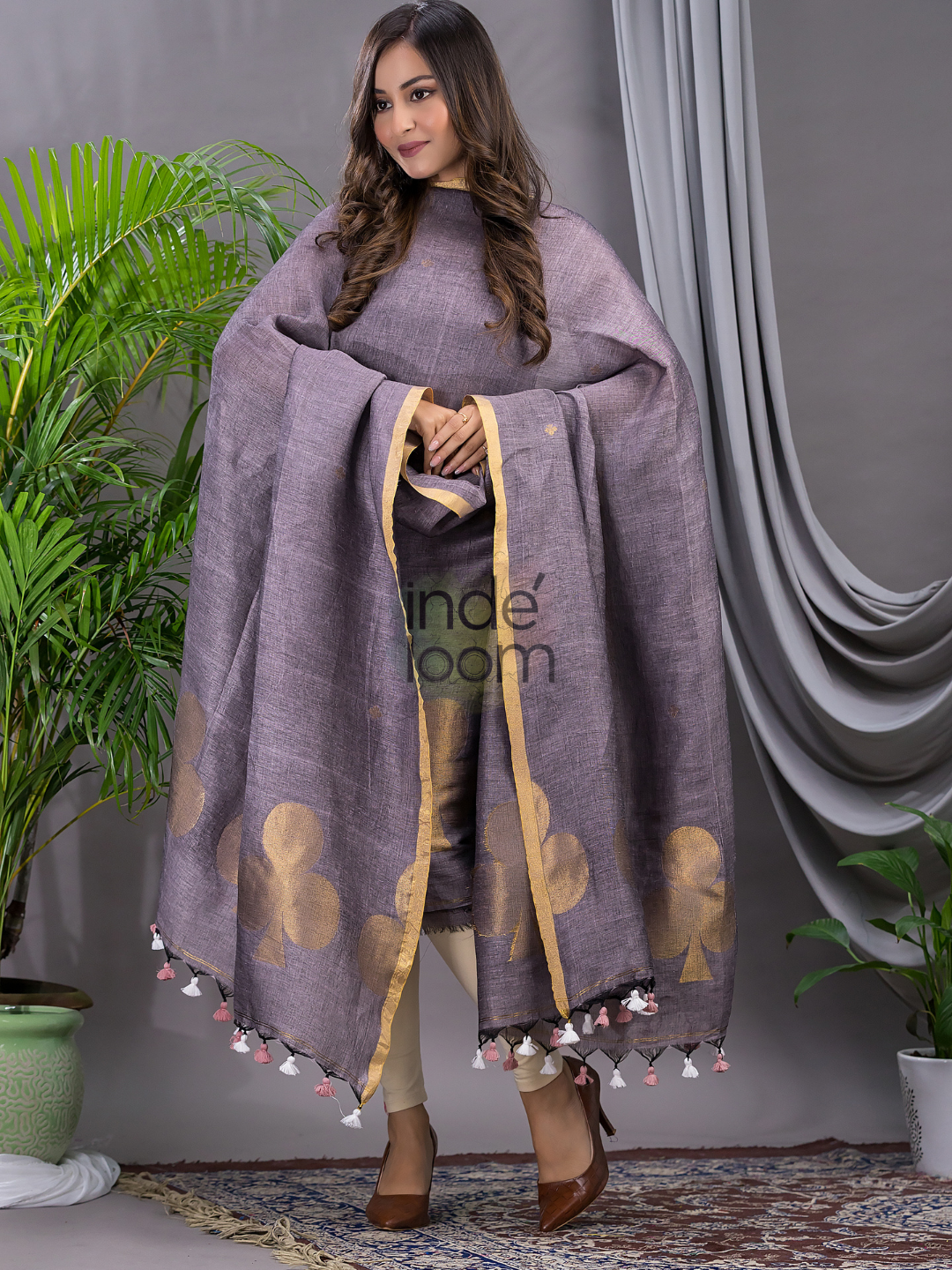 Pigeon Blue Cotton Linen 2-Piece Set Kurti & Dupatta (UNSTITCHED) - 124