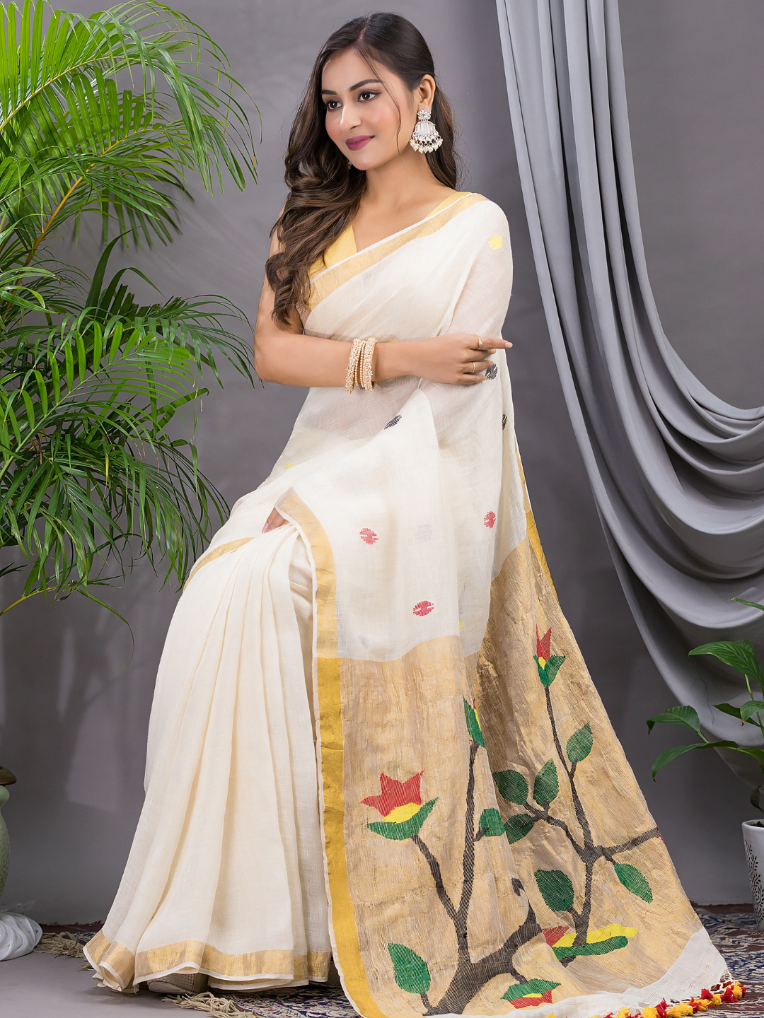 Linen Jamdani Saree With Pearl White - 026