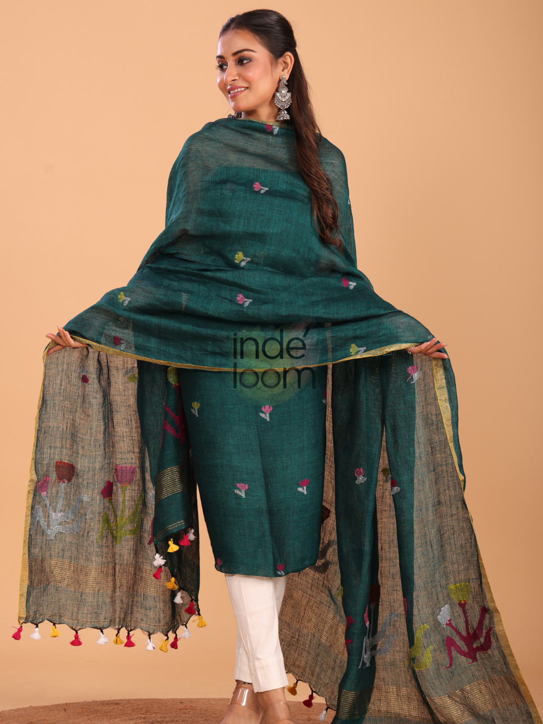 Pine Green Linen Jamdani 2-Piece Set Kurti & Dupatta (UNSTITCHED) - 076
