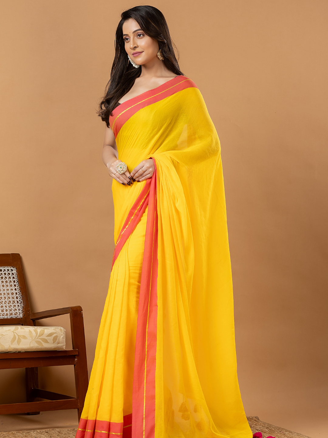 Pure Handloom Mul Cotton Saree | Bright Yellow