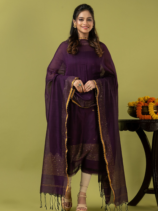 Handwoven Jamdani cotton Unstitched 2-piece Kurti | Aubergine Purple