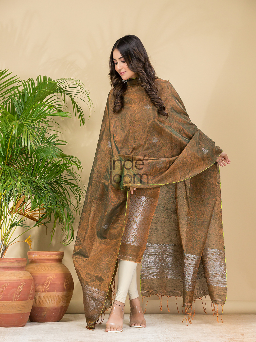 Desert Brown Tissue Linen Silver Zari Jamdani 2-Piece Set Kurti & Dupatta (UNSTITCHED) - 882