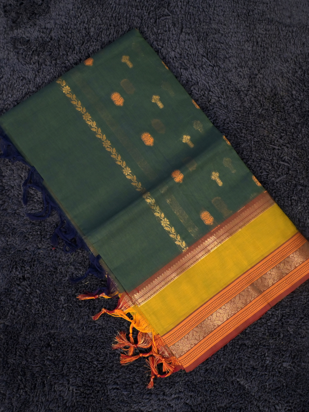 Kanchi Cotton|Bottle Green & Leaf yellow/ Maroon