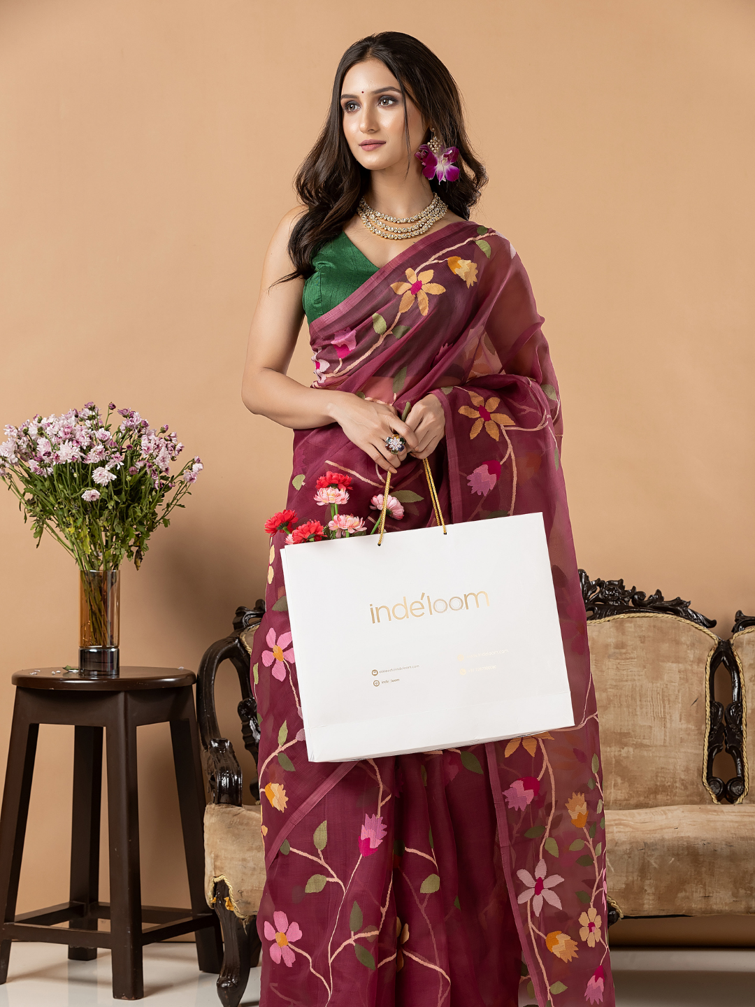 Handwoven Jamdani Muslin Silk Saree | Wine Mauve