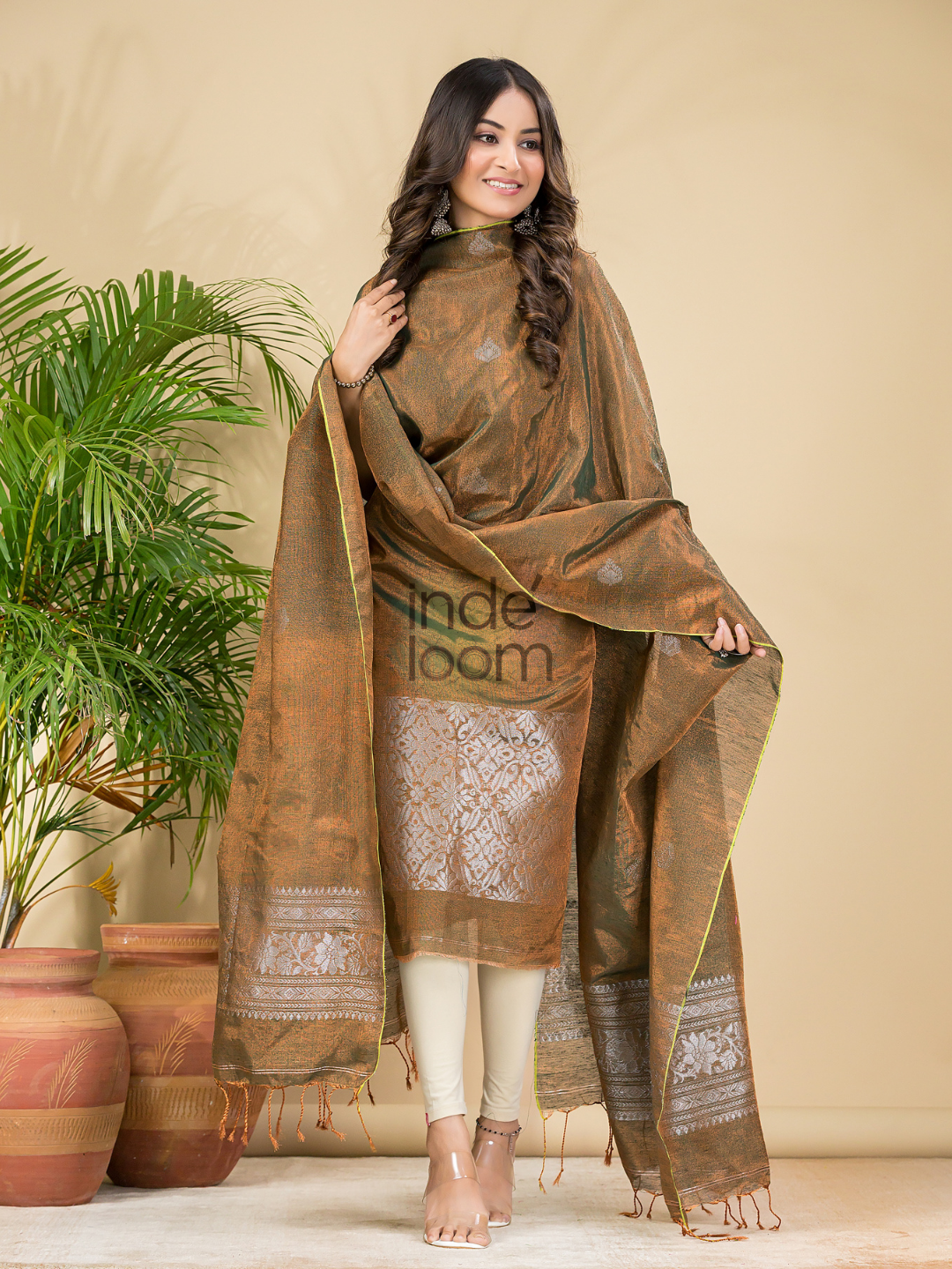Desert Brown Tissue Linen Silver Zari Jamdani 2-Piece Set Kurti & Dupatta (UNSTITCHED) - 882