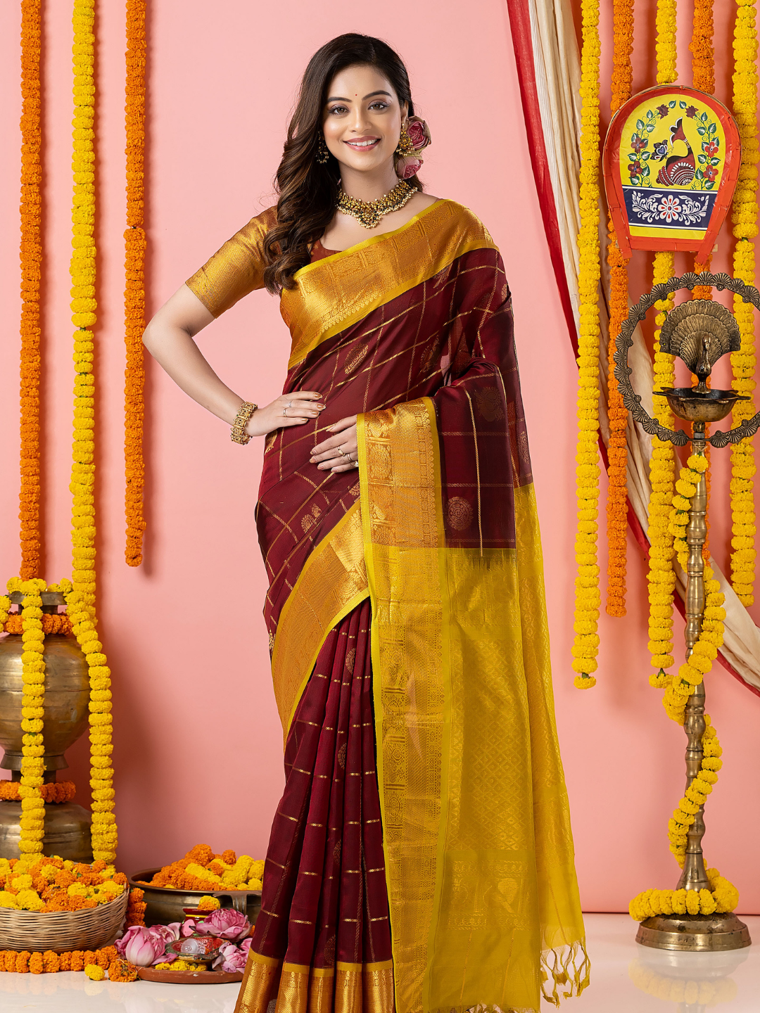 Handloom Korvai Silk Cotton Saree | Deep Maroon