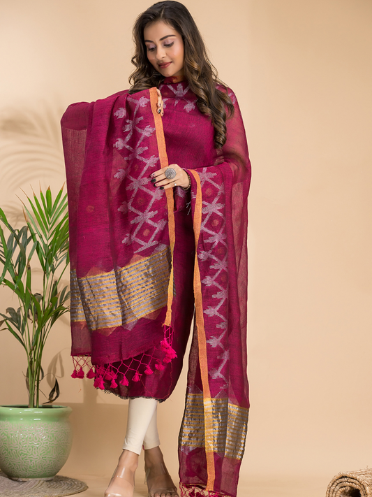 Cherry Red Linen X Line 2-Piece Set Kurti & Dupatta (UNSTITCHED) - 102