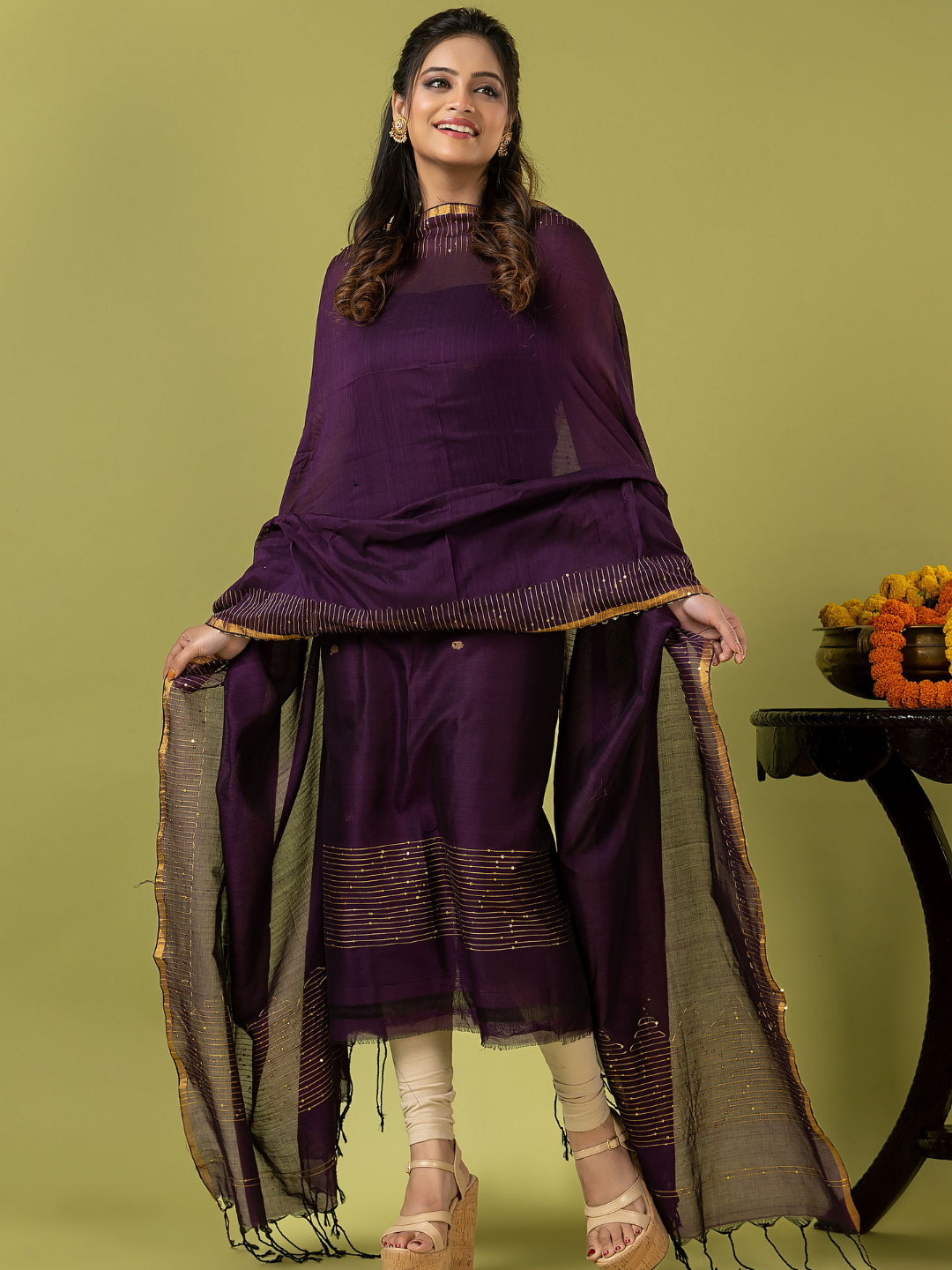 Handwoven Jamdani cotton Unstitched 2-piece Kurti | Aubergine Purple