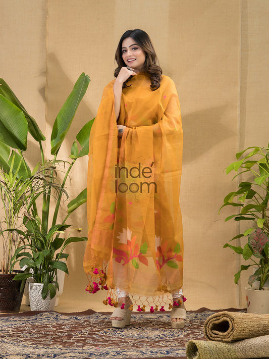 Handwoven Jamdani Muslin Unstitched 2-piece Kurti  |  Copper Orange
