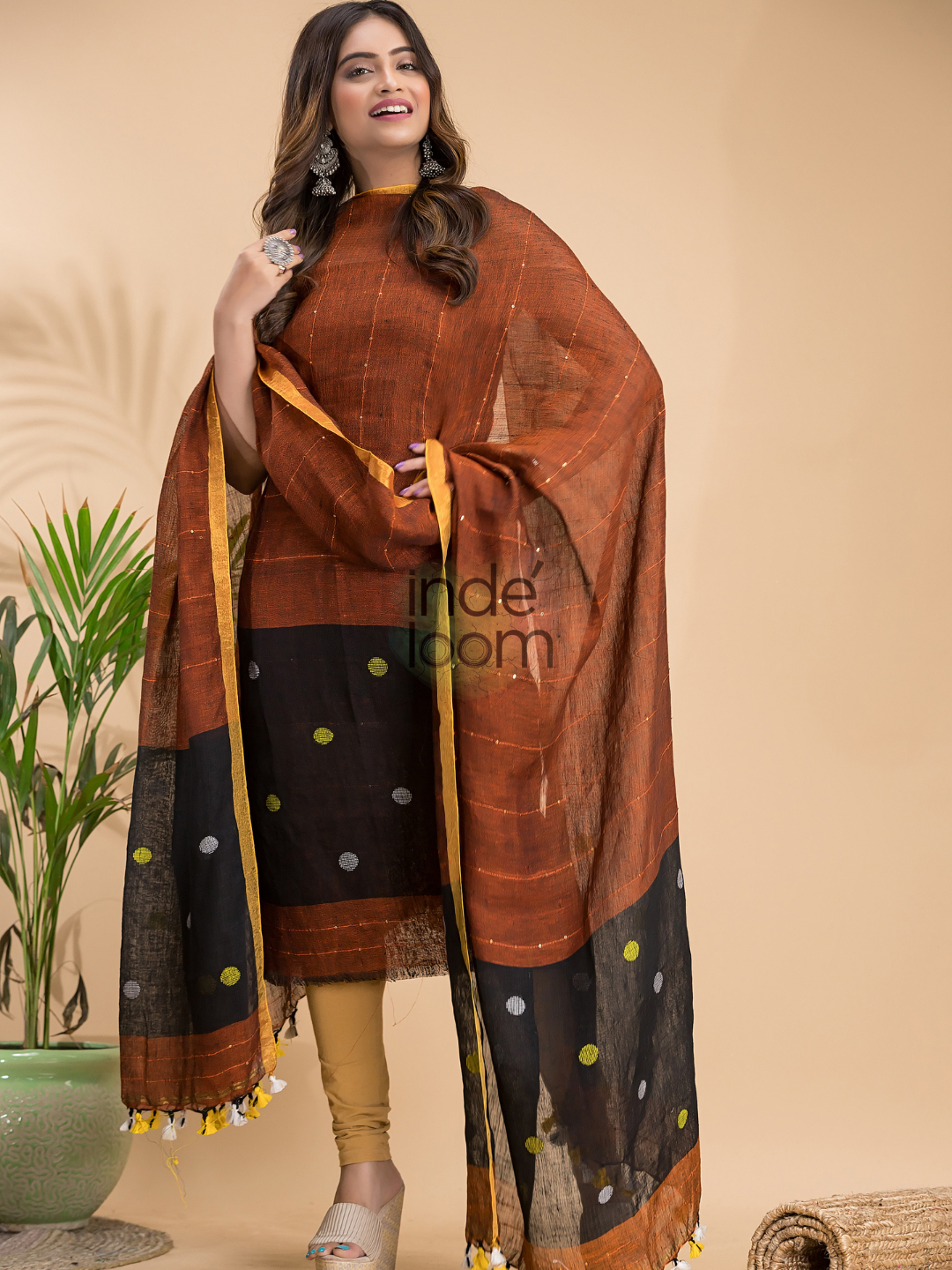 Saddle Brown | Handloom Jamdani Linen Unstitched 2-Piece Kurti