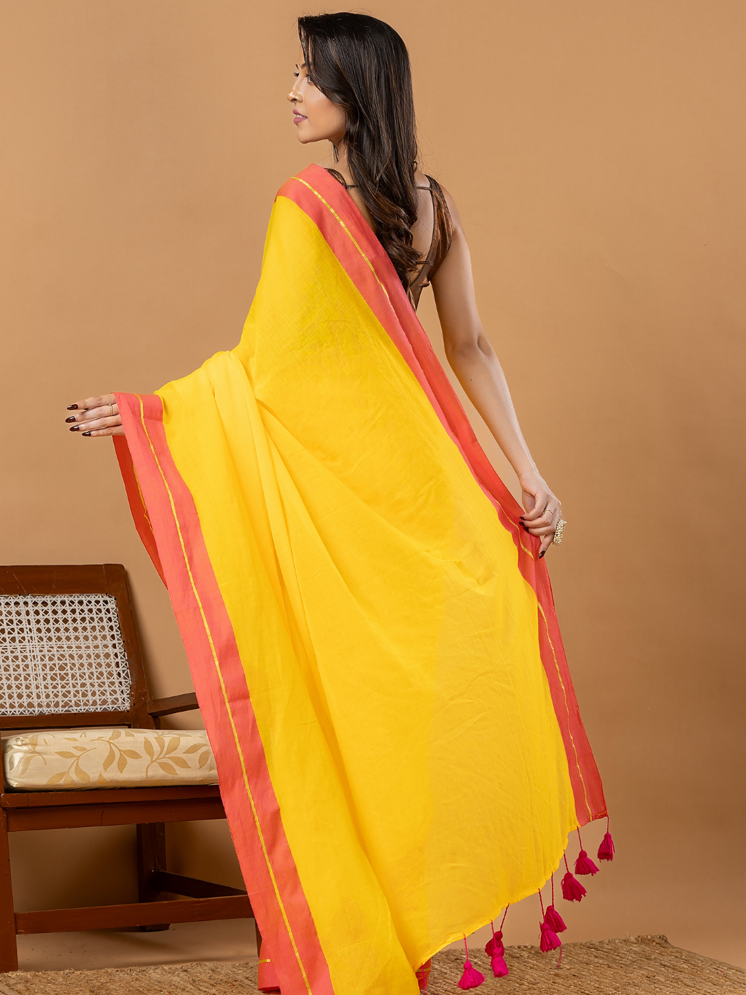 Pure Handloom Mul Cotton Saree | Bright Yellow