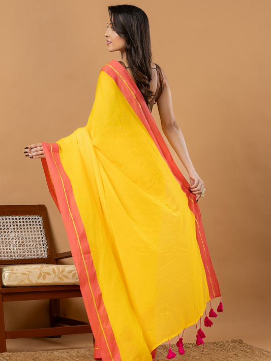 Pure Handloom Mul Cotton Saree | Bright Yellow