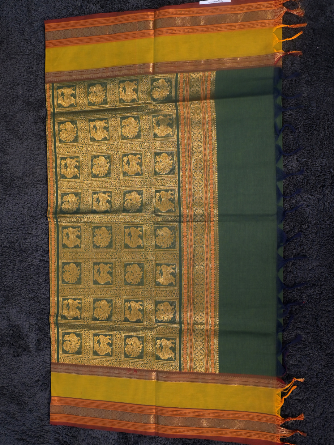 Kanchi Cotton|Bottle Green & Leaf yellow/ Maroon