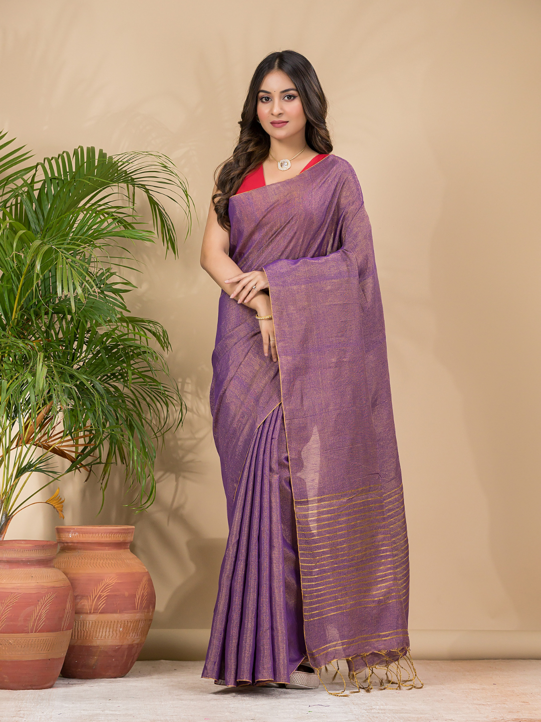 Tissue Linen Handloom Saree With Grape Purple - 017