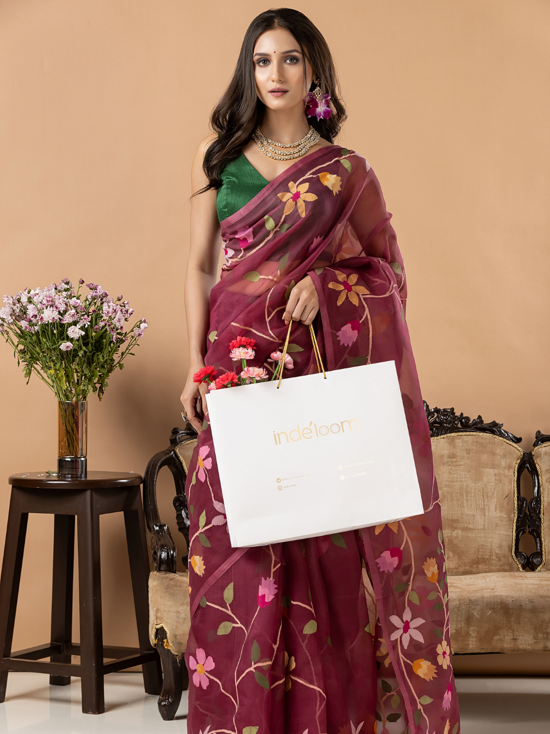 Handwoven Jamdani Muslin Silk Saree | Wine Mauve