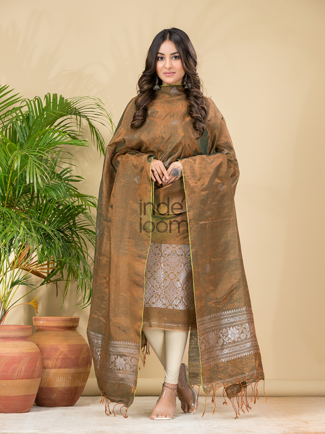 Desert Brown Tissue Linen Silver Zari Jamdani 2-Piece Set Kurti & Dupatta (UNSTITCHED) - 882
