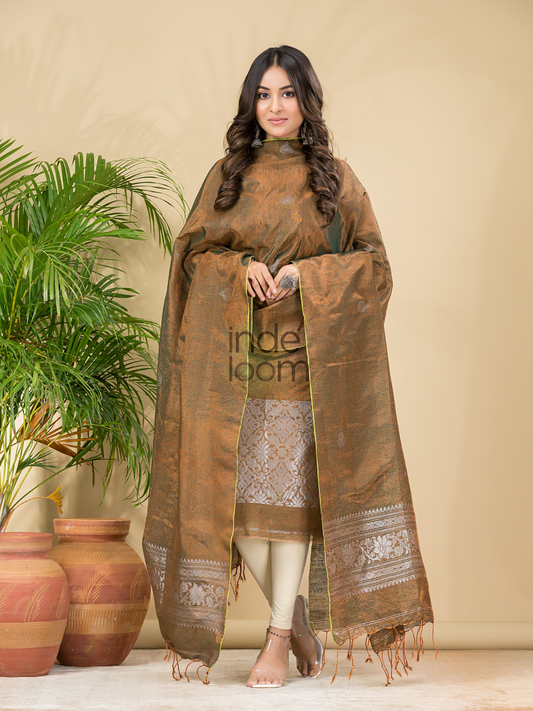 Desert Brown Tissue Linen Silver Zari Jamdani 2-Piece Set Kurti & Dupatta (UNSTITCHED) - 882