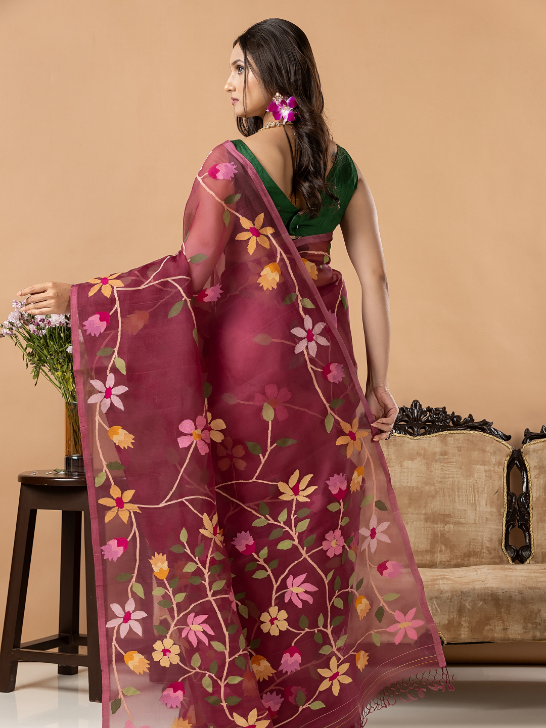 Handwoven Jamdani Muslin Silk Saree | Wine Mauve