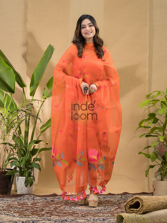 Fire Orange Muslin Jamdani 2-Piece Set Kurti & Dupatta (UNSTITCHED) -732