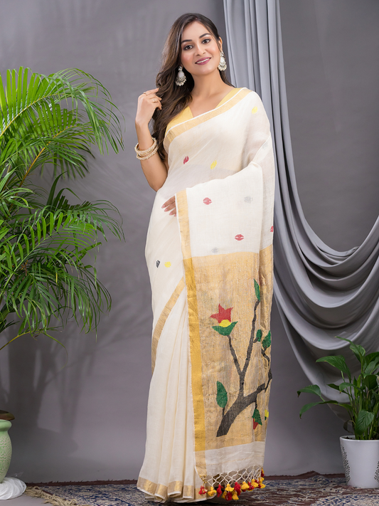 Handwoven Pure Jamdani Linen Saree  |  Warm Ivory