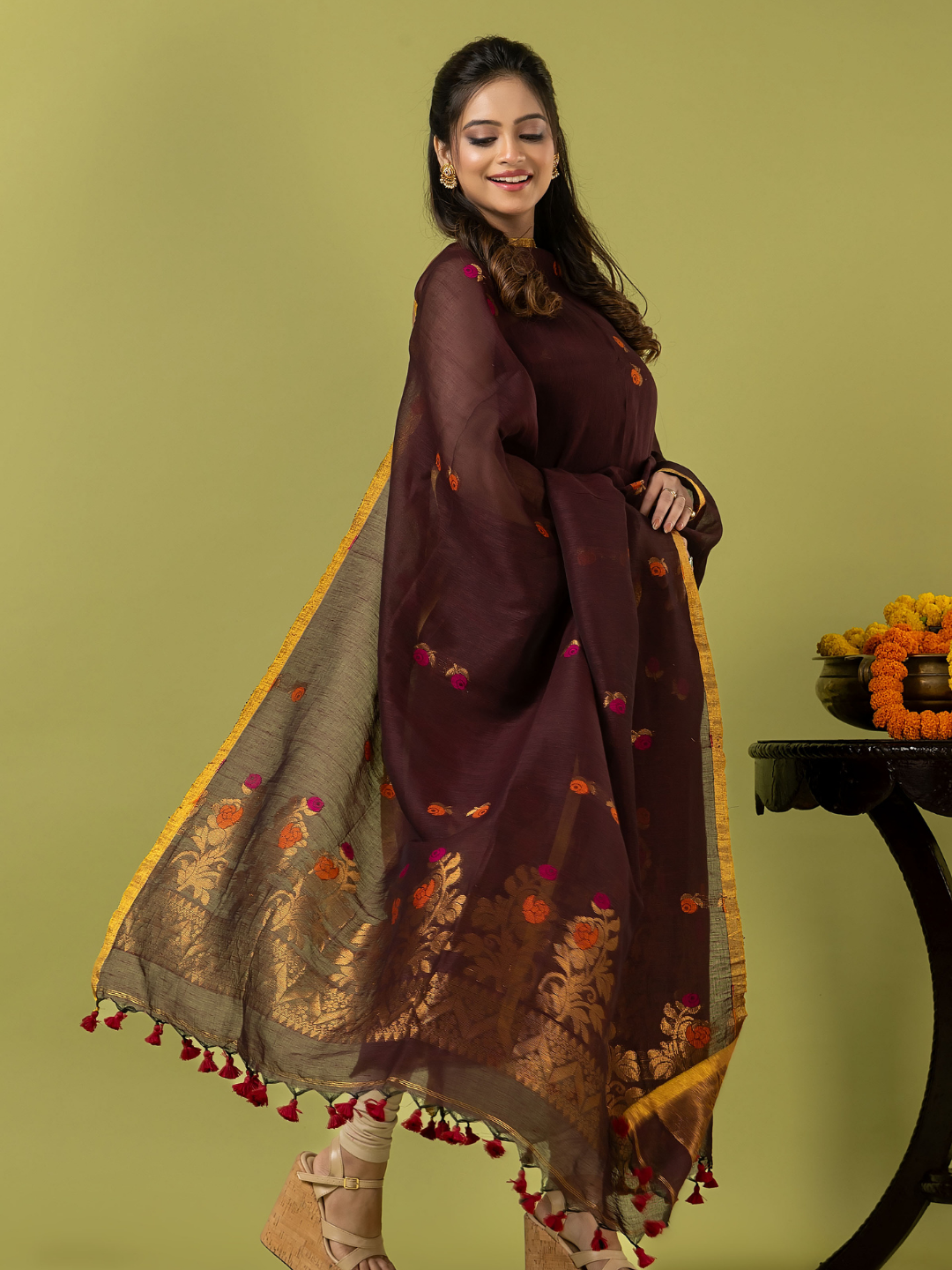 Handwoven Jamdani Linen Unstitched 2-piece Kurti | Dark Chocolate Brown