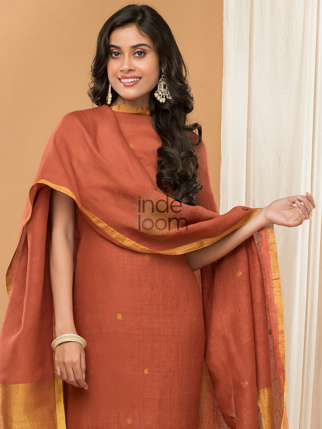 Rust Orange color Jamdani 2-Piece Set Kurti & Dupatta (UNSTITCHED) - 162