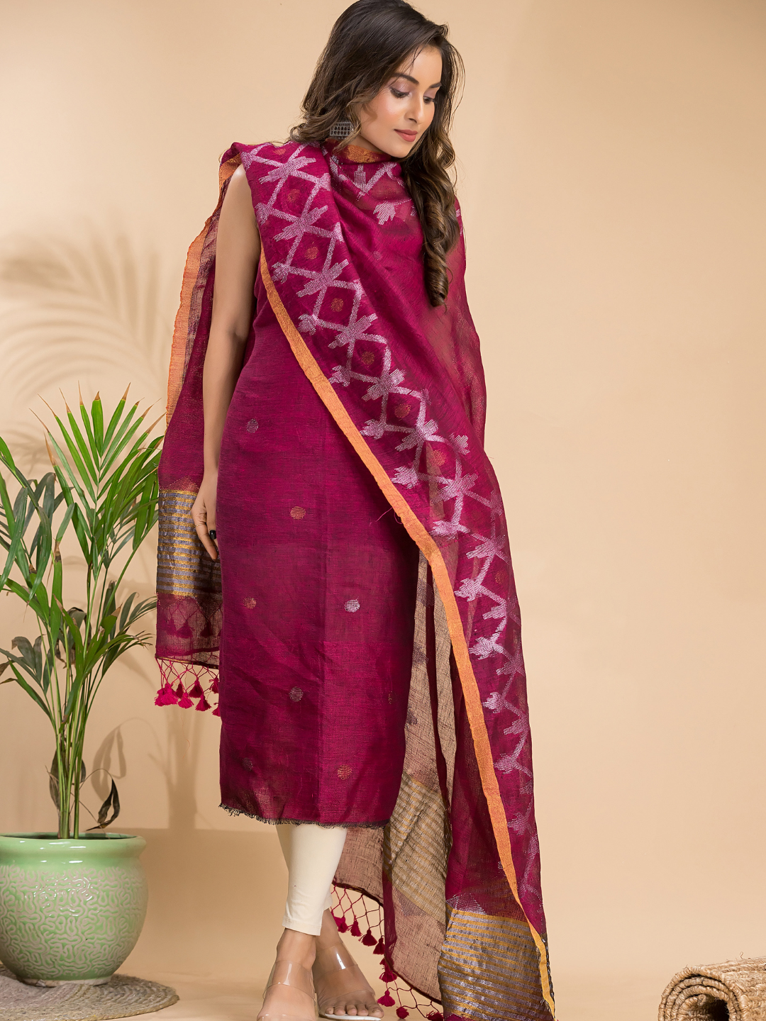 Cherry Red Linen X Line 2-Piece Set Kurti & Dupatta (UNSTITCHED) - 102