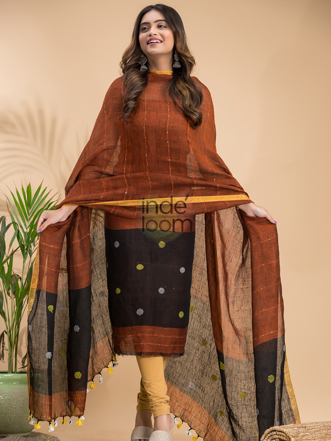 Saddle Brown | Handloom Jamdani Linen Unstitched 2-Piece Kurti