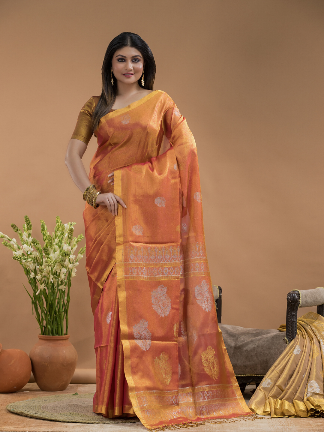 Tissue Silk Saree In Fire Orange and Golden Border - 031