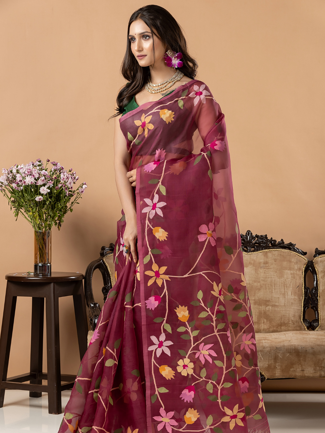 Handwoven Jamdani Muslin Silk Saree | Wine Mauve