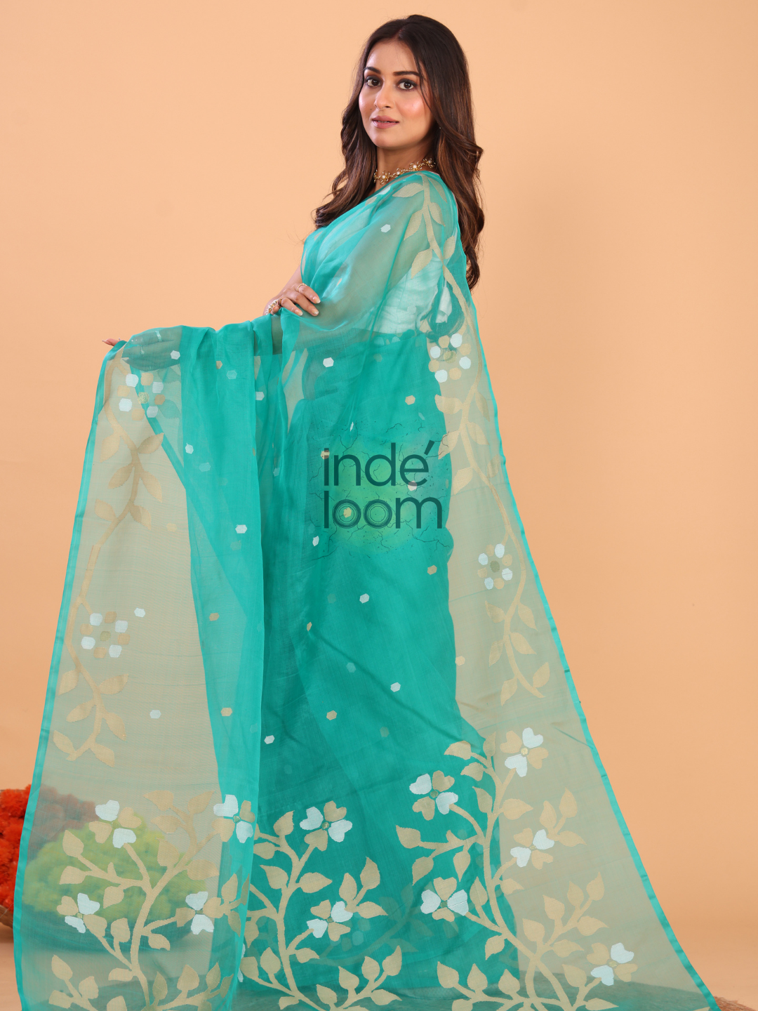Silk Jamdani Saree With Burgundy Aqua Blue - 156