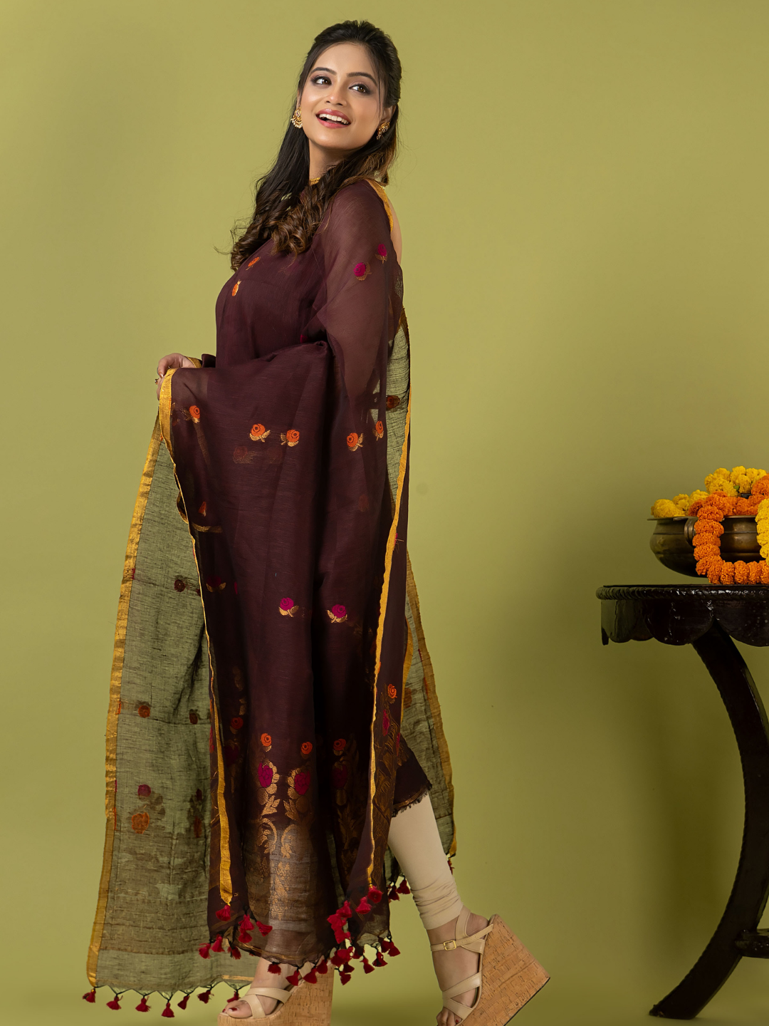 Handwoven Jamdani Linen Unstitched 2-piece Kurti | Dark Chocolate Brown