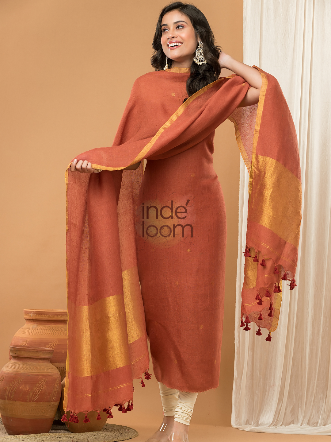 Rust Orange color Jamdani 2-Piece Set Kurti & Dupatta (UNSTITCHED) - 162
