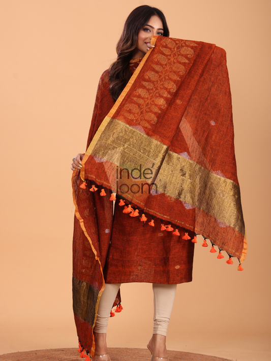 Rust Orange Linen Jamdani 2-Piece Set Kurti & Dupatta (UNSTITCHED) - 071
