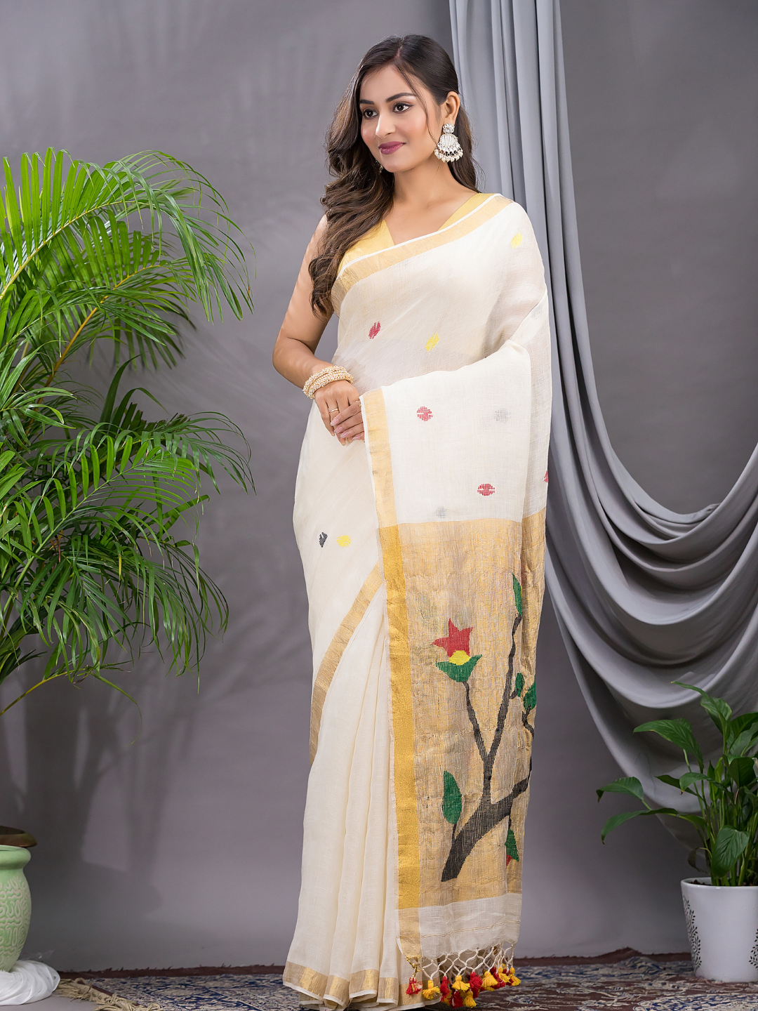 Linen Jamdani Saree With Pearl White - 026