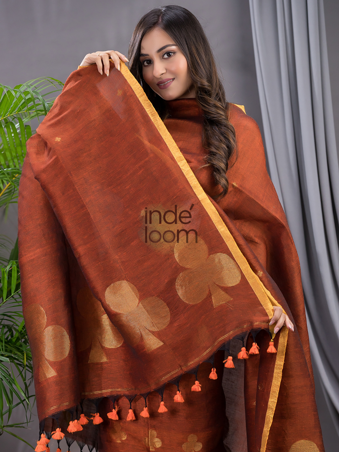 Rust Orange Cotton Linen 2-Piece Set Kurti & Dupatta (UNSTITCHED) - 125