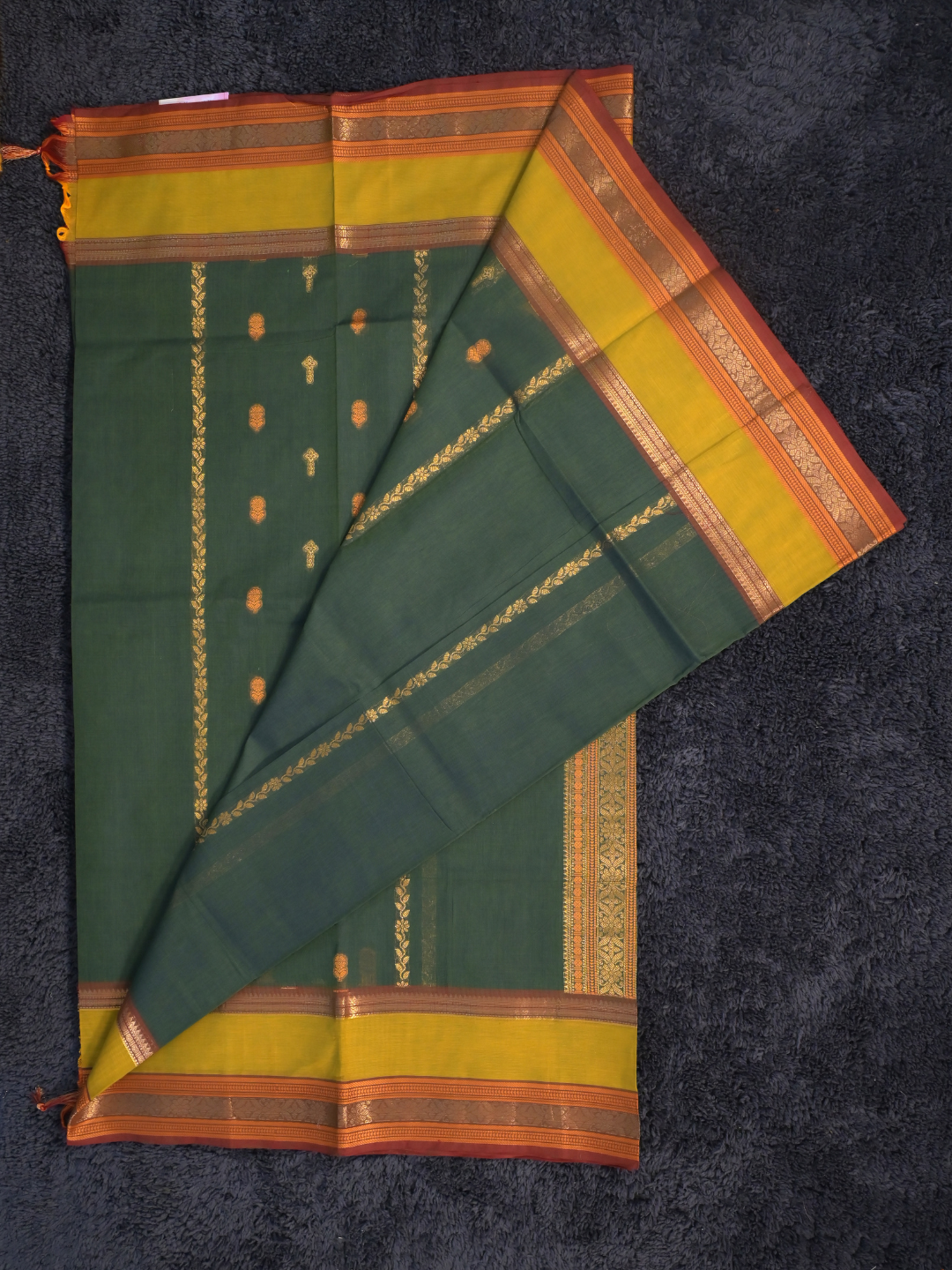 Kanchi Cotton|Bottle Green & Leaf yellow/ Maroon