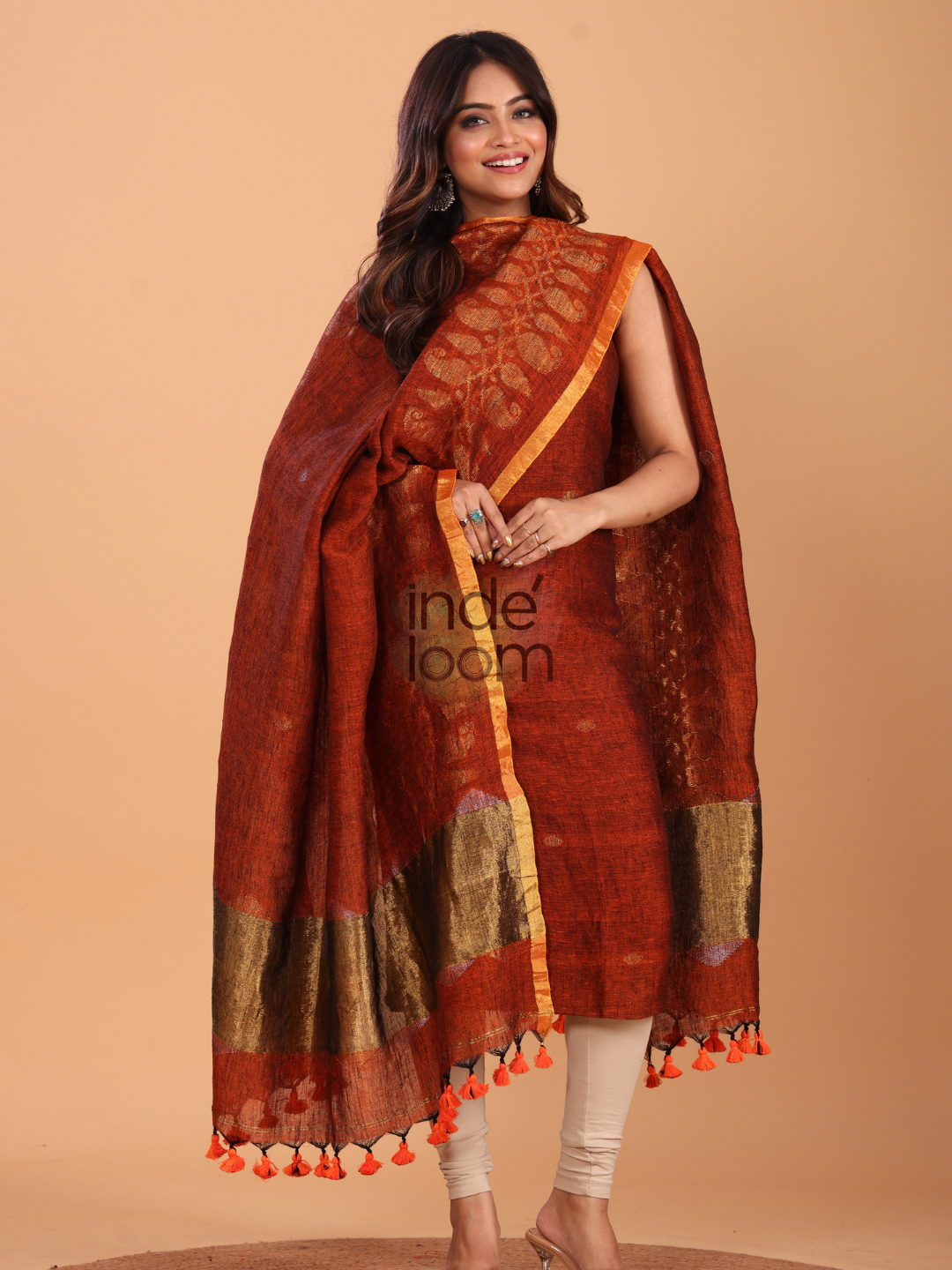 Rust Orange Linen Jamdani 2-Piece Set Kurti & Dupatta (UNSTITCHED) - 071