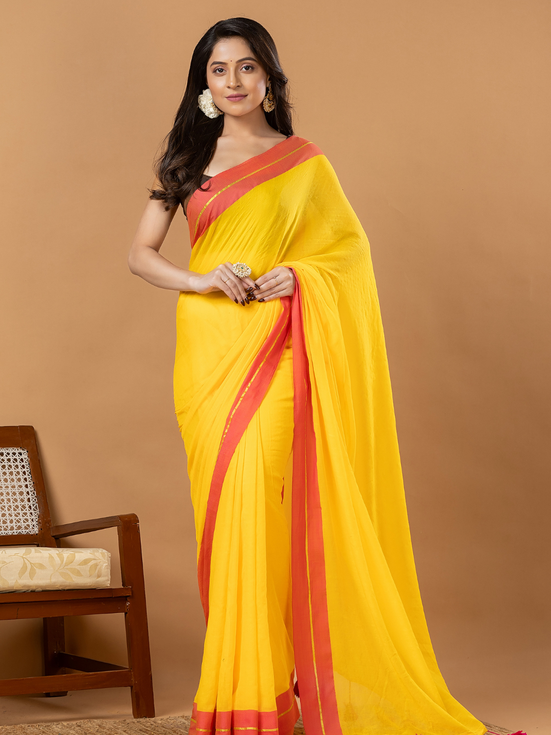 Pure Handloom Mul Cotton Saree | Bright Yellow