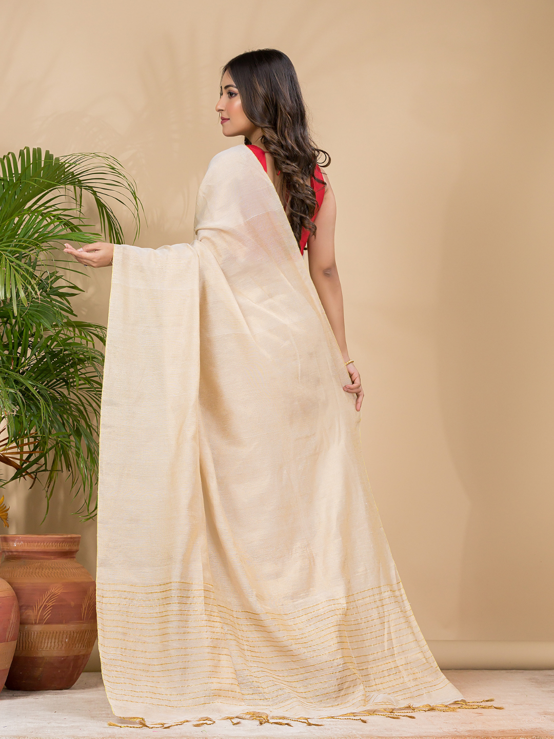 Tissue Linen Handloom Saree With Linen White - 018