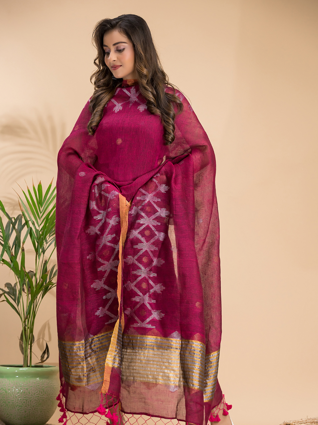 Cherry Red Linen X Line 2-Piece Set Kurti & Dupatta (UNSTITCHED) - 102
