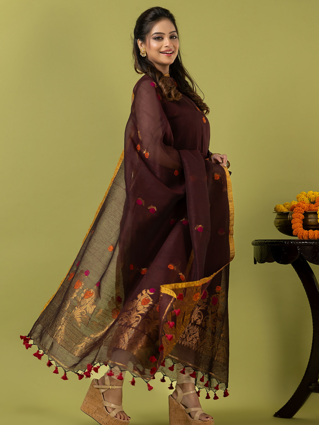 Handwoven Jamdani Linen Unstitched 2-piece Kurti | Dark Chocolate Brown