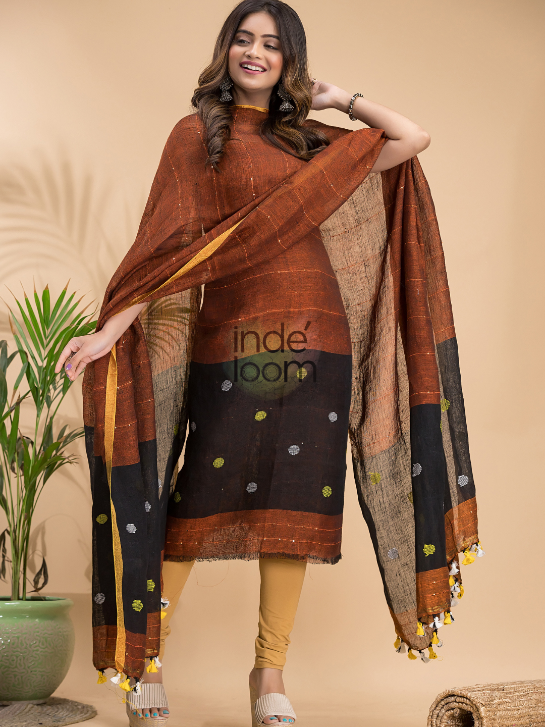 Saddle Brown | Handloom Jamdani Linen Unstitched 2-Piece Kurti