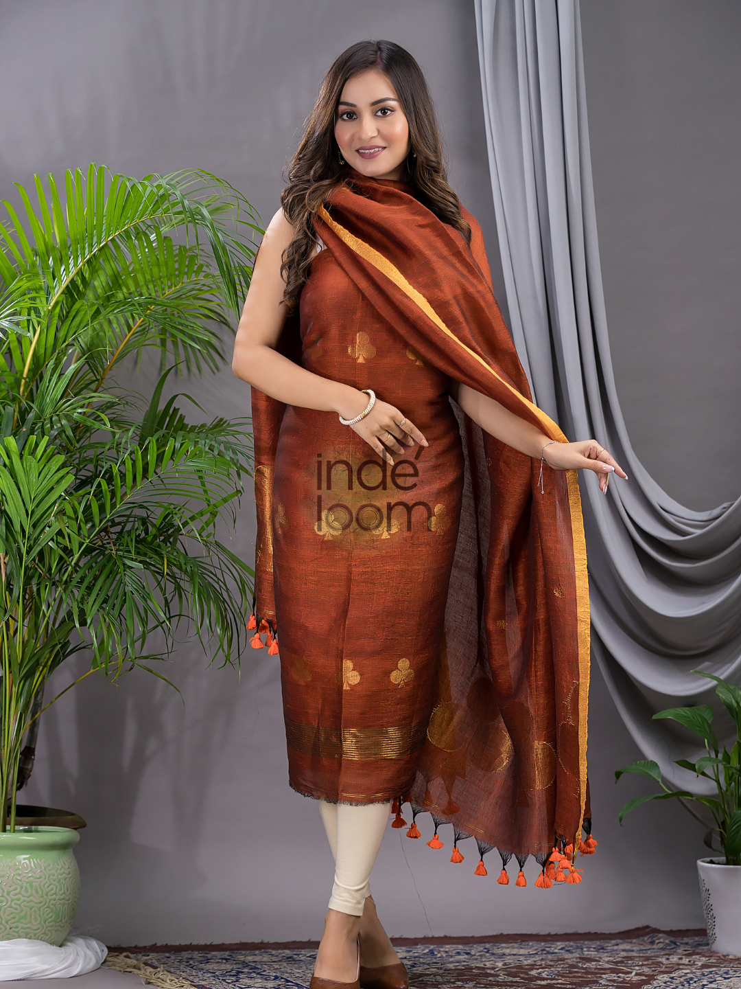 Rust Orange Cotton Linen 2-Piece Set Kurti & Dupatta (UNSTITCHED) - 125