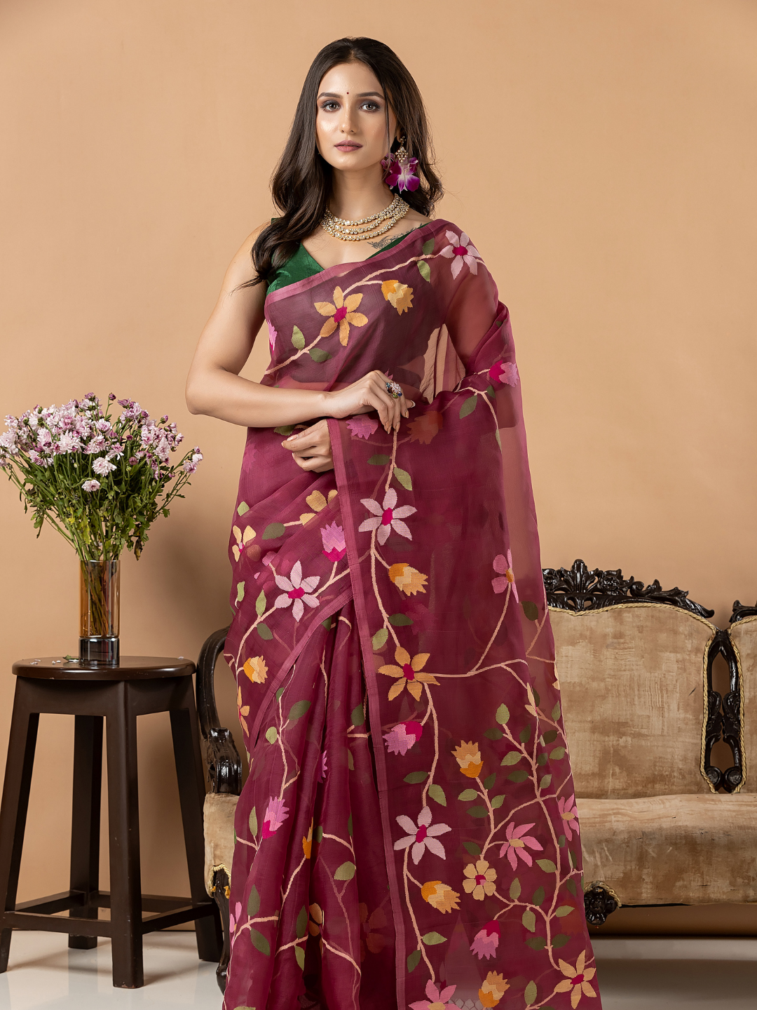 Handwoven Jamdani Muslin Silk Saree | Wine Mauve