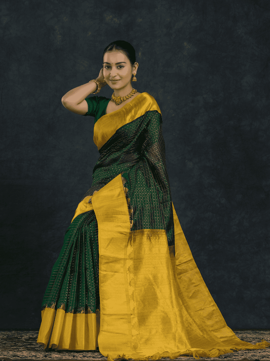 Pure handloom Korvai Silk Cotton Lakshadeepam Saree in Forest Green and Yellow Border - 111