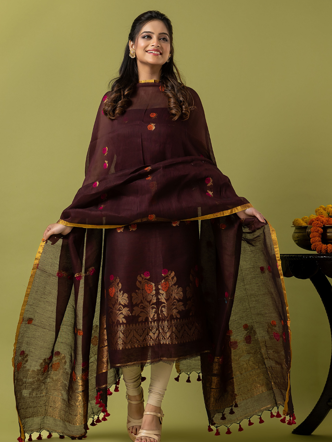 Handwoven Jamdani Linen Unstitched 2-piece Kurti | Dark Chocolate Brown